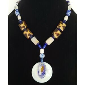 Glass Bead Necklace And Pendant, Blue, White, and Brown, Millefiori, Quartz